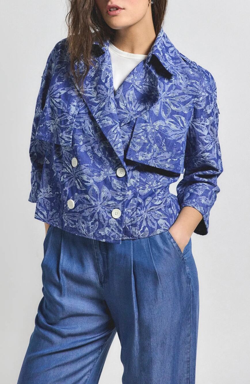 DEREK LAM 10 CROSBY Elijah Floral Cotton Blend Double-Breasted Crop Jacket